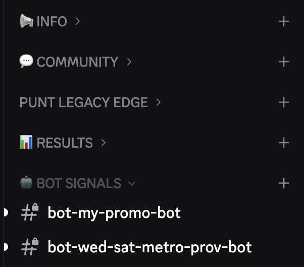 Discord sidebar: the Punt Legacy server's š¤ BOT SIGNALS category with private channels bot-my-promo-bot and bot-wed-sat-metro-prov-bot